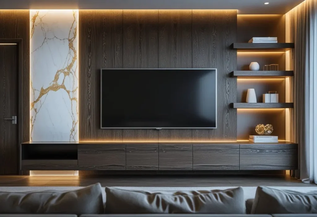 A modern TV wall design combining wood, marble, and ambient LED lighting.