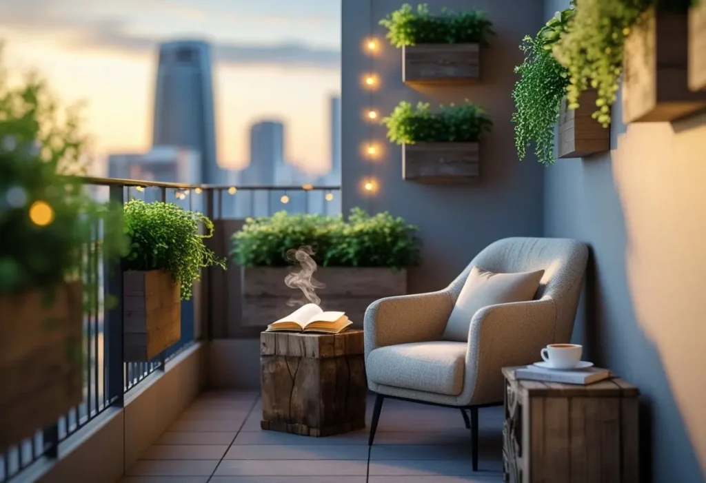 A cozy and inviting small outdoor spaces balcony setup with plants and lighting.