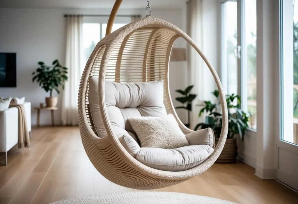 Hanging Egg Chair in a modern, bright living room setting.