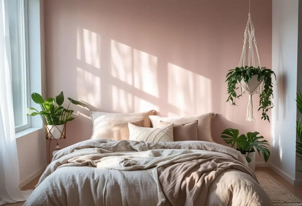 A serene modern bedroom with a soft blush pink background wall, neutral bedding, and green plants.