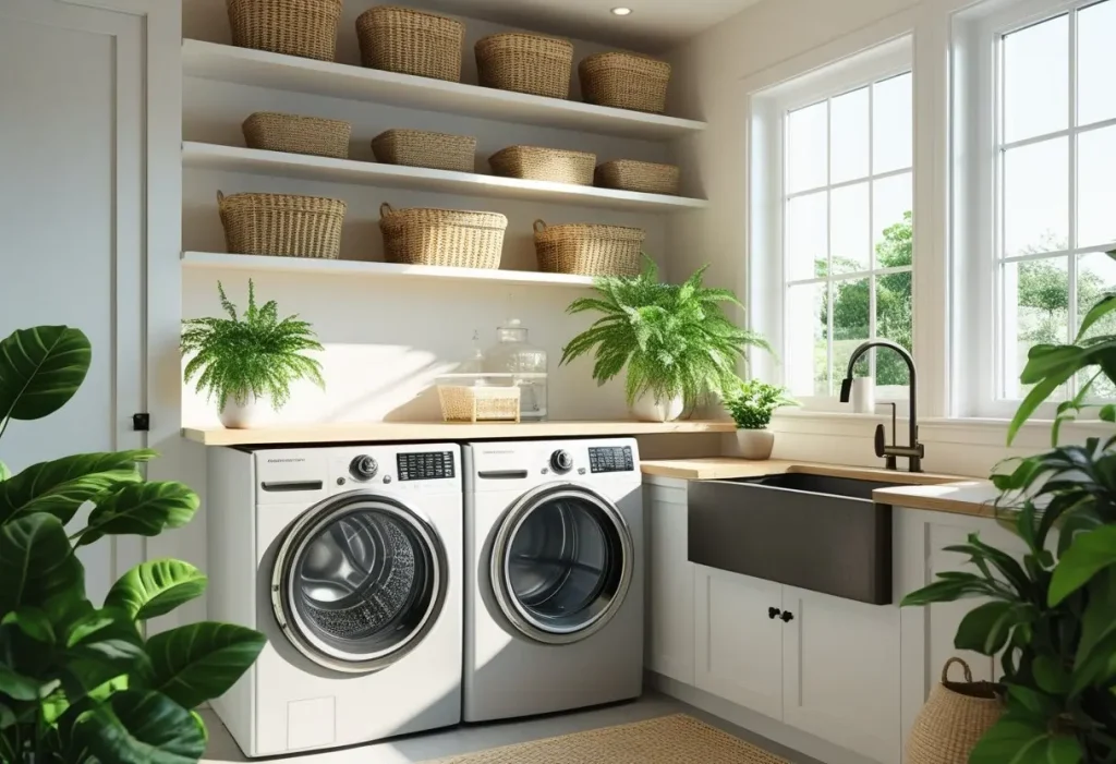 modern laundry room ideas with front-loading appliances and open shelving