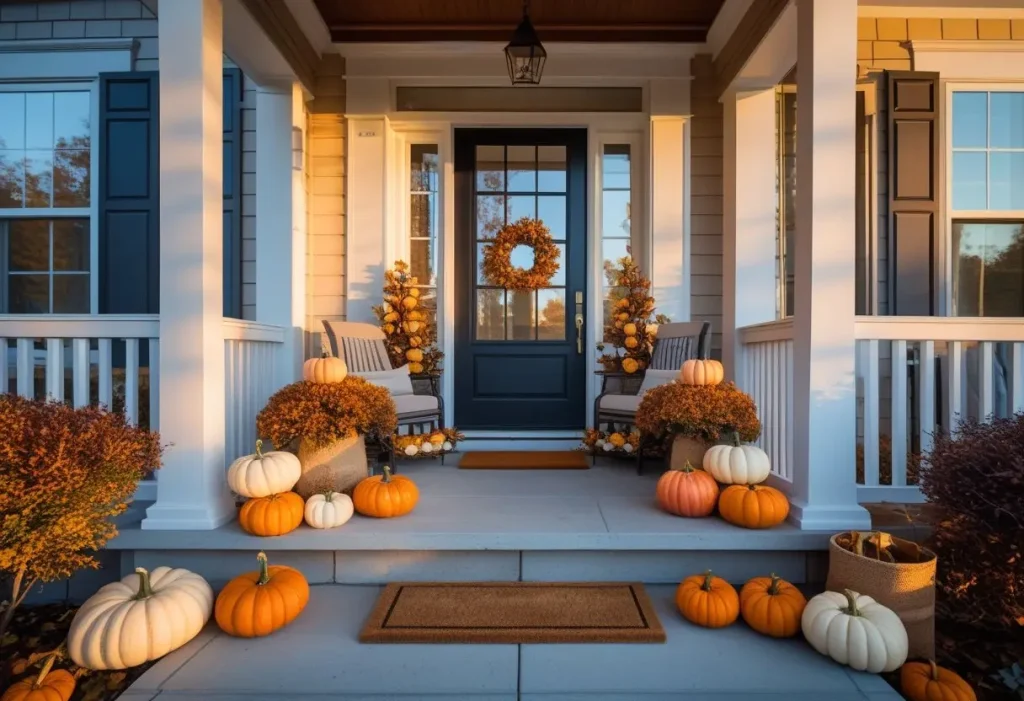autumn front porch decor enhancing home curb appeal with pumpkins and warm tones.