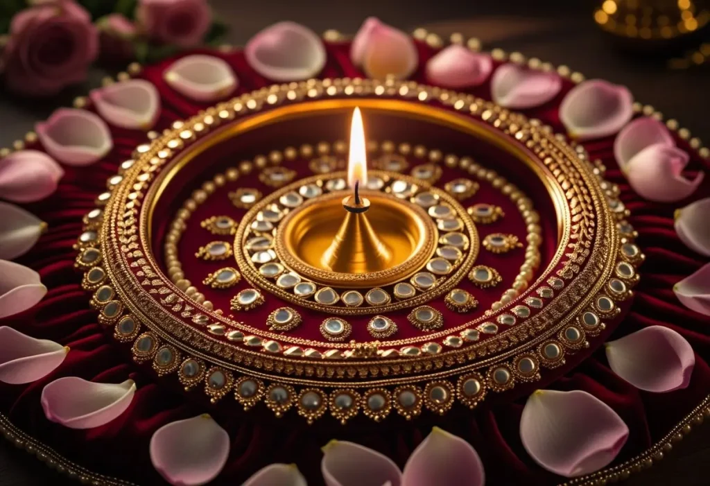 luxurious kundan work aarti thali decoration ideas for wedding with red velvet and gold diya