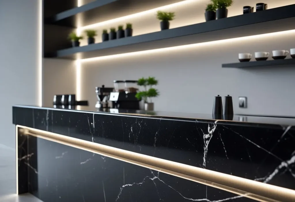 Modern Coffee Bar Ideas - Black Marble and LED Lighting
