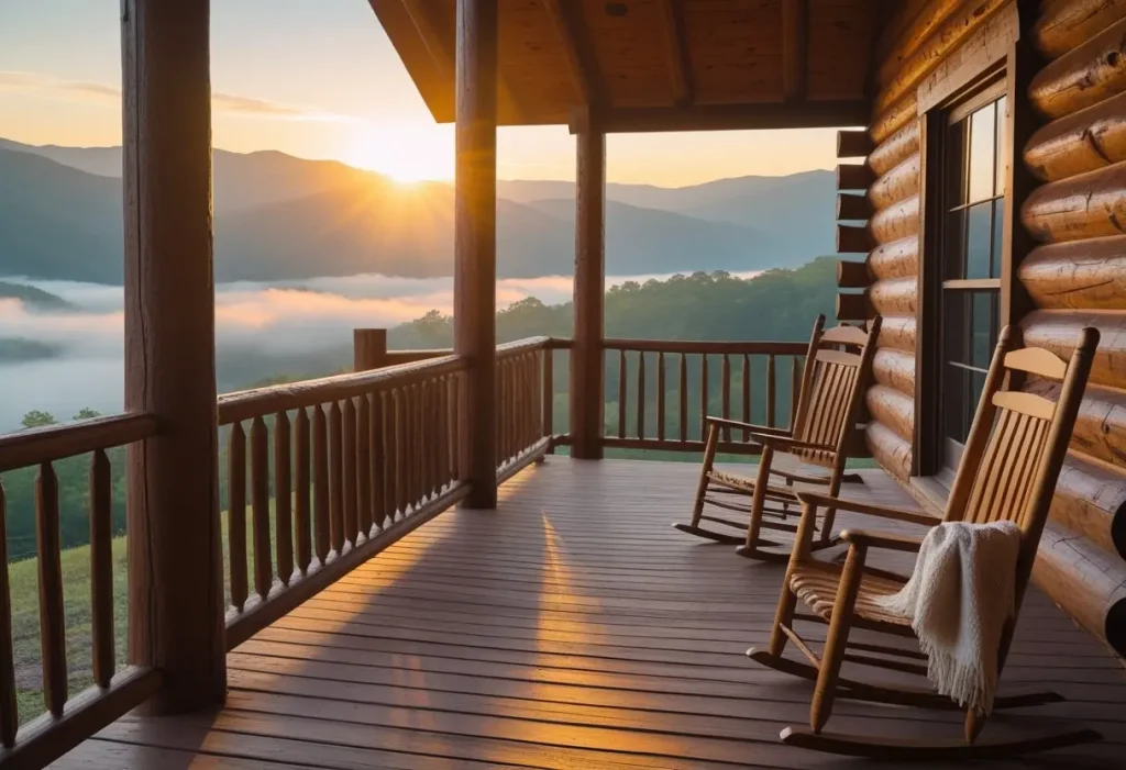 cozy cabin porch with rocking chairs overlooking smoky mountains at sunrise cozy cabin trip ideas