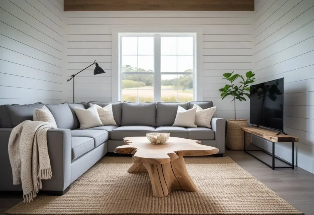  Modern farmhouse living room decor with white shiplap and rustic wood elements.