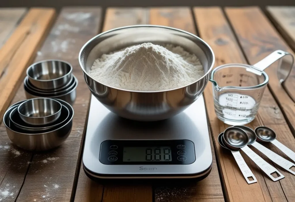 digital kitchen scale, measuring cups, and spoons as home baking essentials