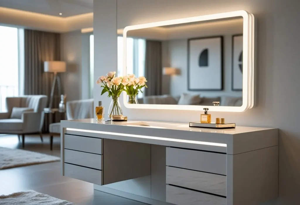 Elegant vanity setup with modern lighting and mirror in a cozy bedroom