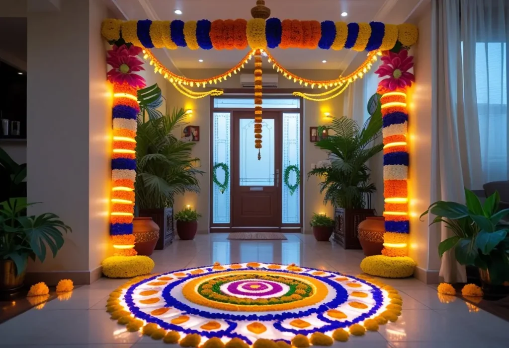 traditional navratri decoration for home entrance with toran and rangoli