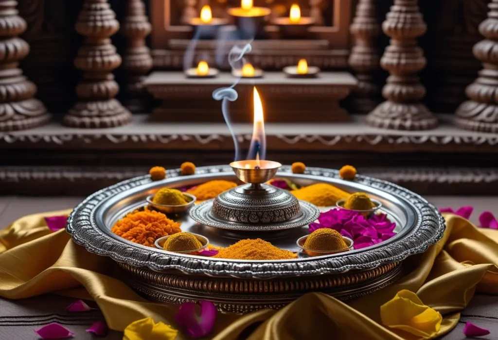 traditional Indian Aarti thali decoration ideas with silver plate and flowers