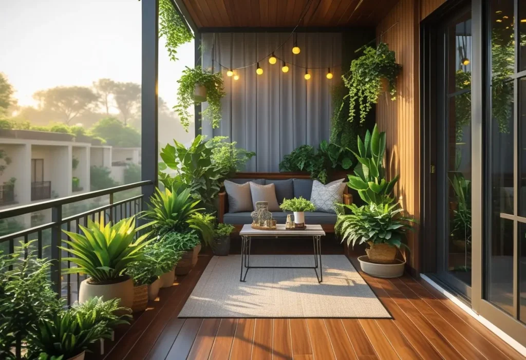 Cozy modern balcony decor with plants and morning sunlight.