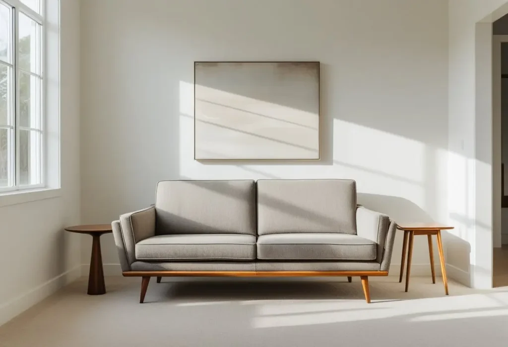 Mid-century modern sofa design with tapered wooden legs in a neutral living room.