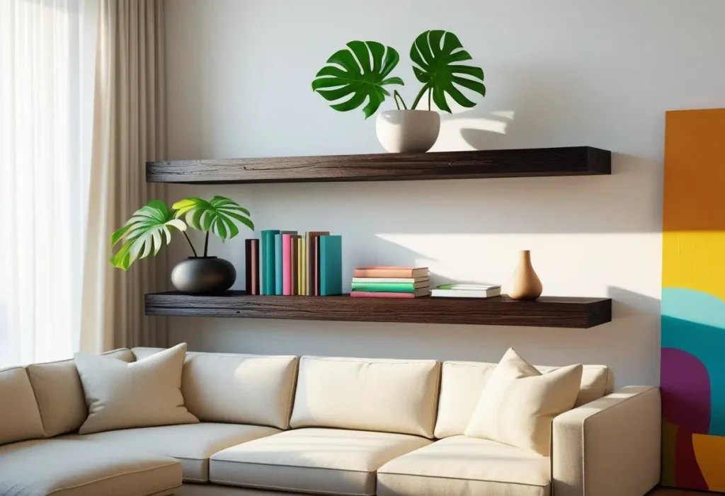 Styled wooden floating shelves in a modern living room with plants and books.