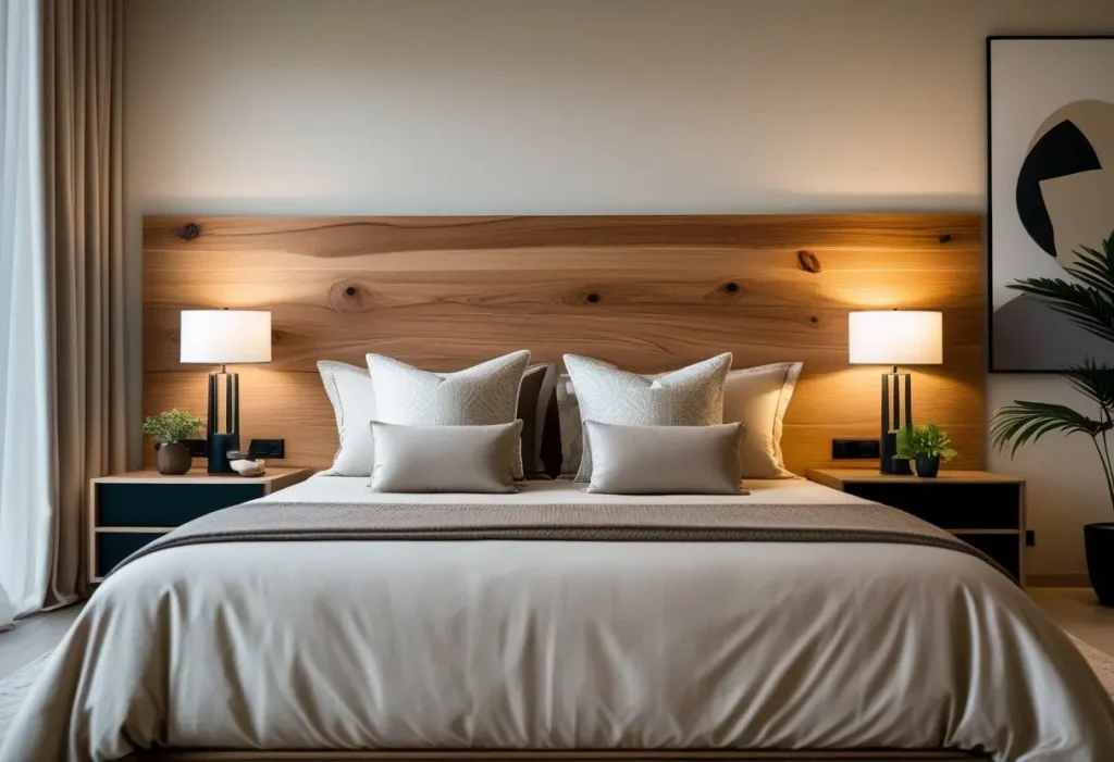 Elegant modern bedroom featuring a luxury wood headboard