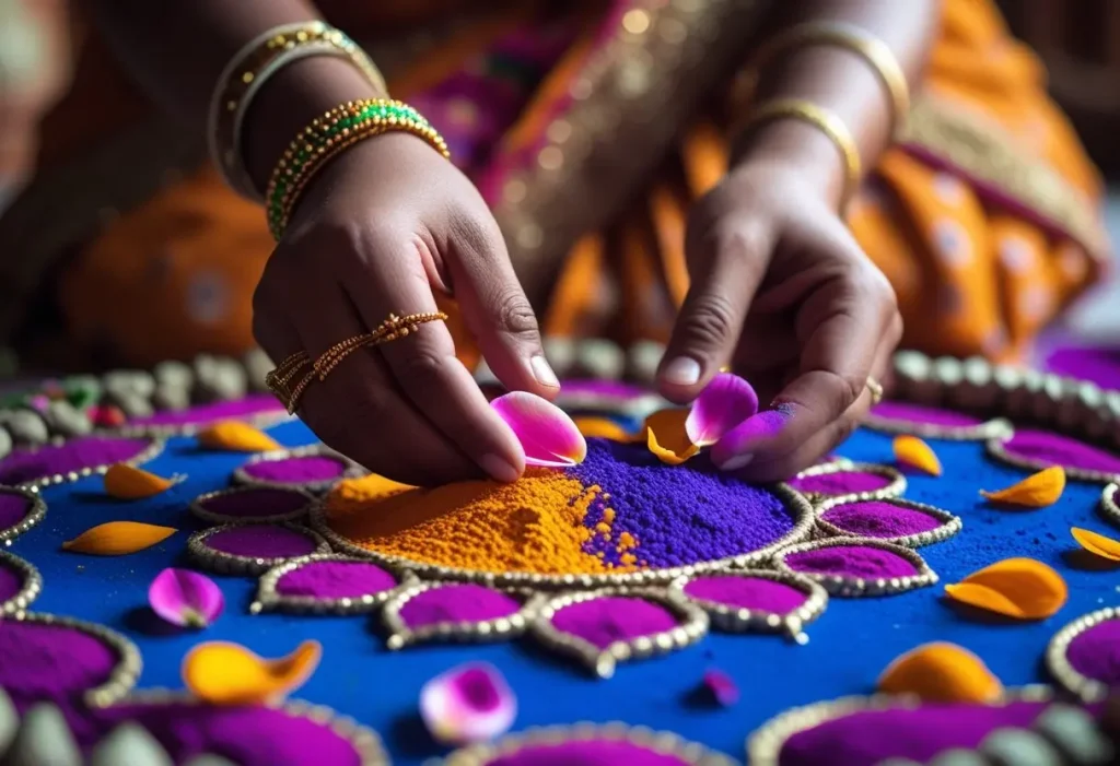 creating traditional rangoli for navratri festival decoration