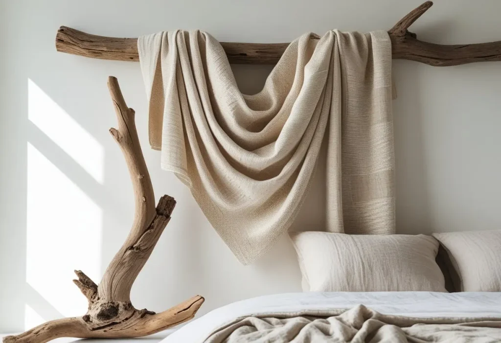 DIY wall decor fabric wall hanging on driftwood in a neutral bedroom.