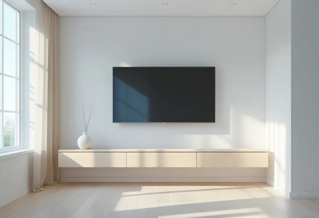 A clean and minimalist floating TV wall design in a neutral living room.