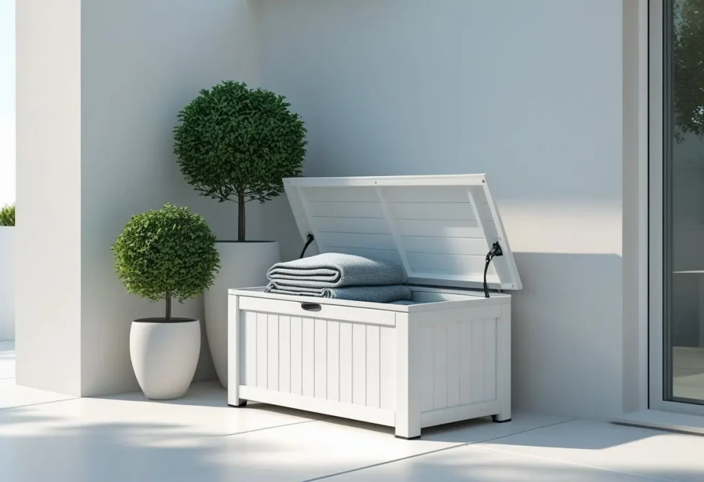 Space-saving storage bench for small outdoor spaces.