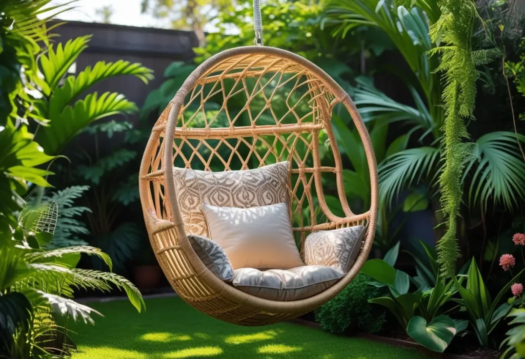 Outdoor rattan Hanging Egg Chair in a lush garden setting.