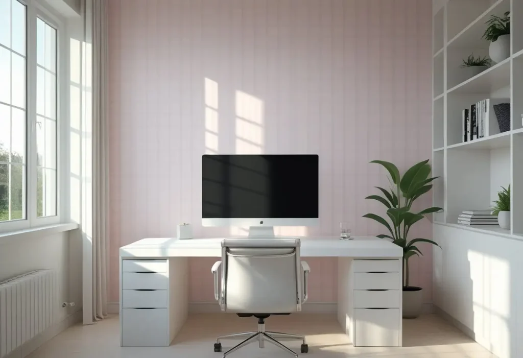 A minimalist home office with a geometric pattern pink background wallpaper and a white desk.