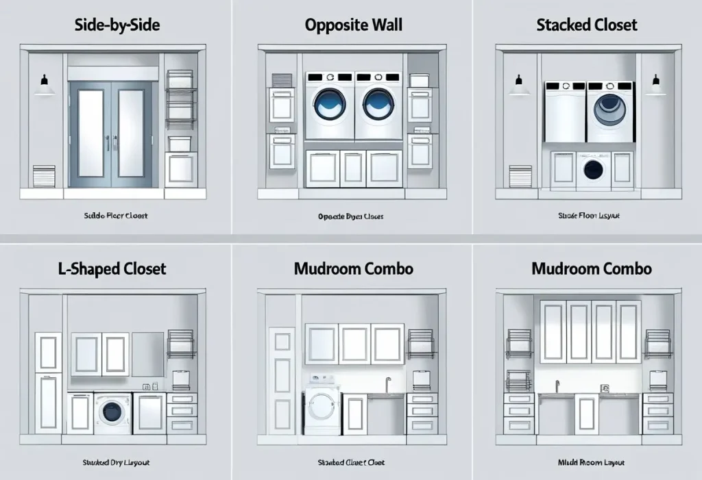 diagram of different laundry room layout ideas and floor plans