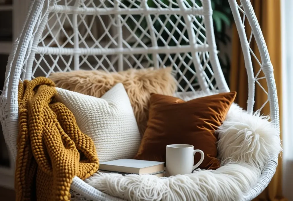 cozy fall front porch decor with a styled hanging egg chair and textured blankets.