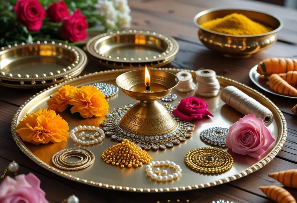 diy aarti thali decoration ideas for wedding materials flat lay