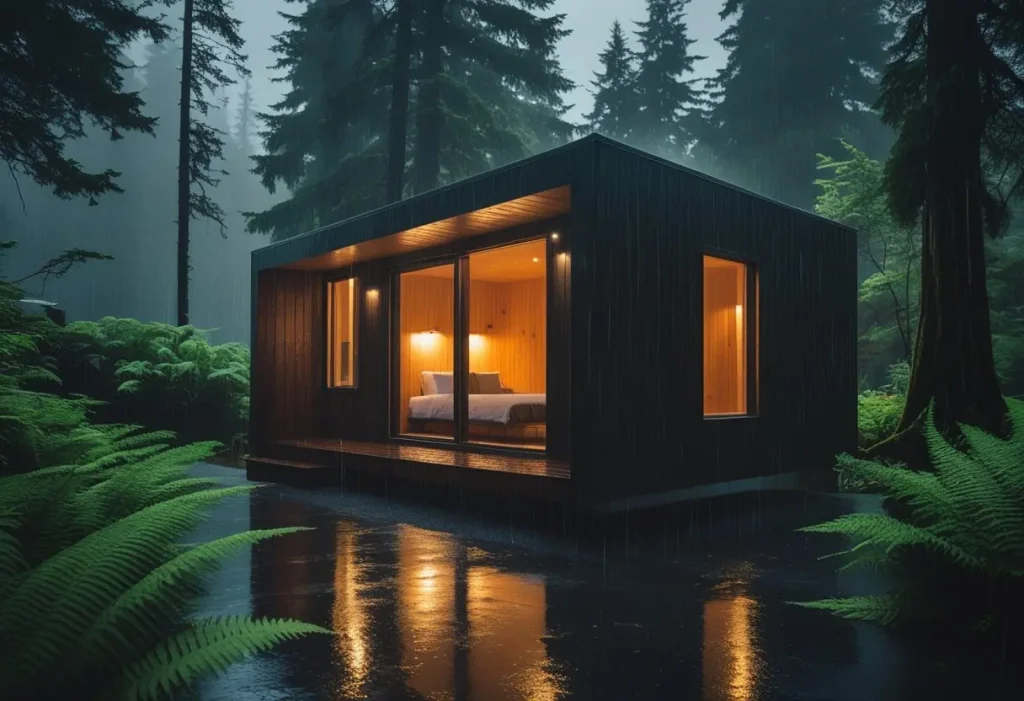 modern cozy cabin in pacific northwest rainforest in the rain