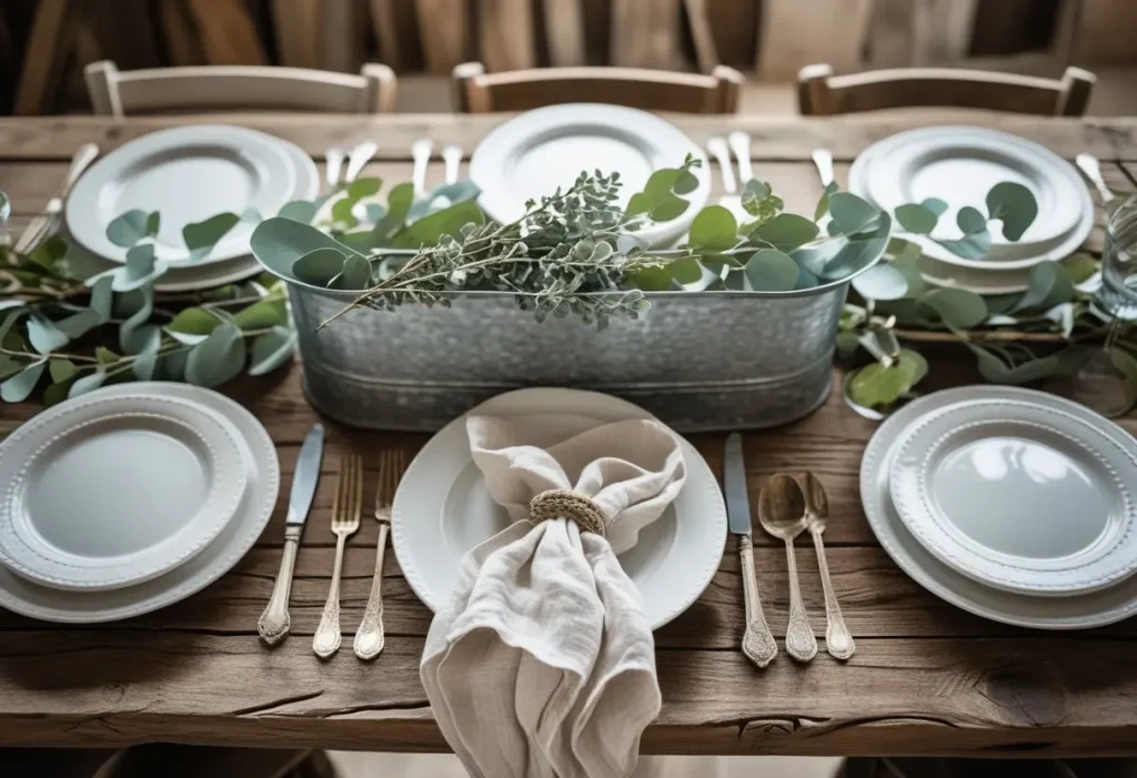 Rustic farmhouse dining table decor with ceramics and linen.