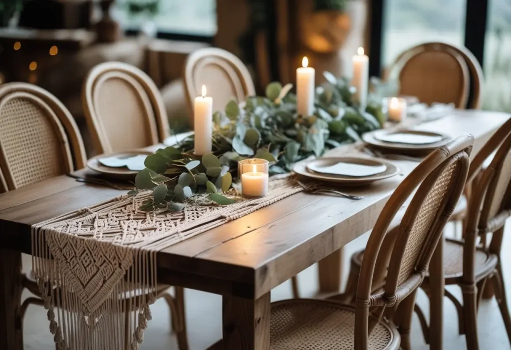 Modern minimalist fun natural table settings with bamboo and wildflowers.