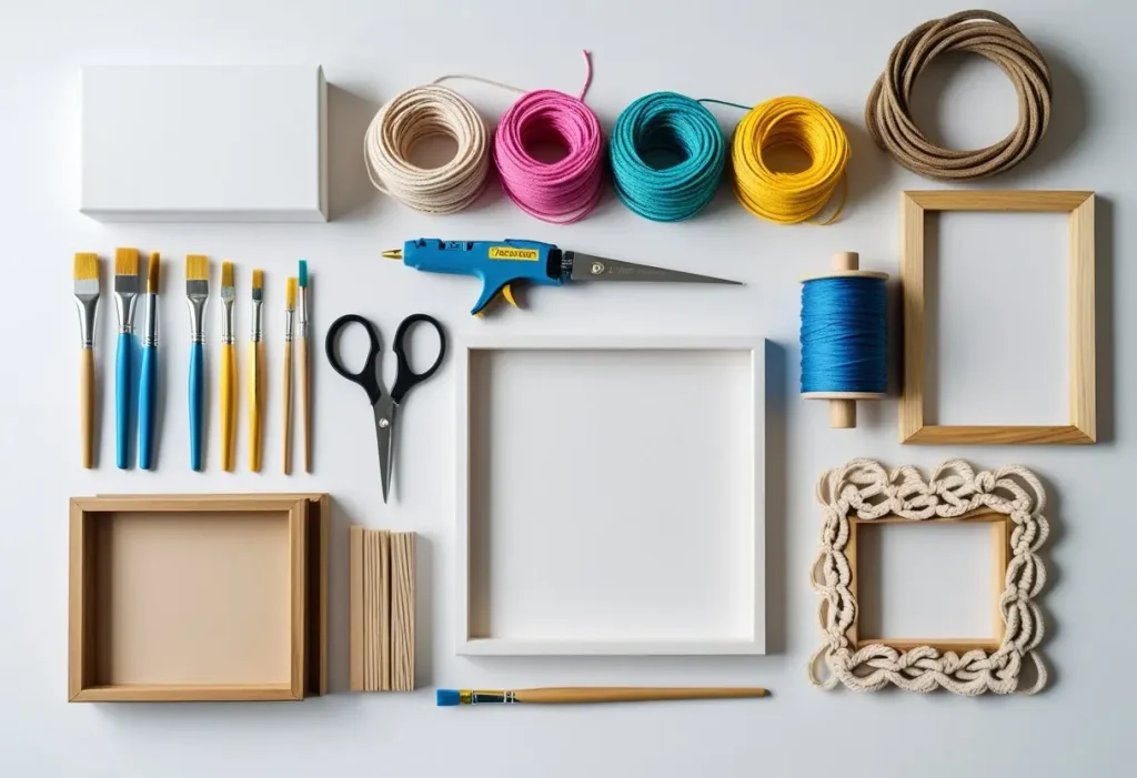 DIY wall art tools and materials on a table