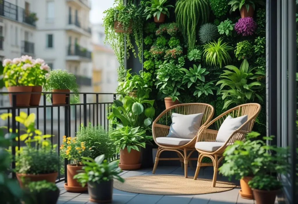 Balcony decor with potted plants and vertical garden.