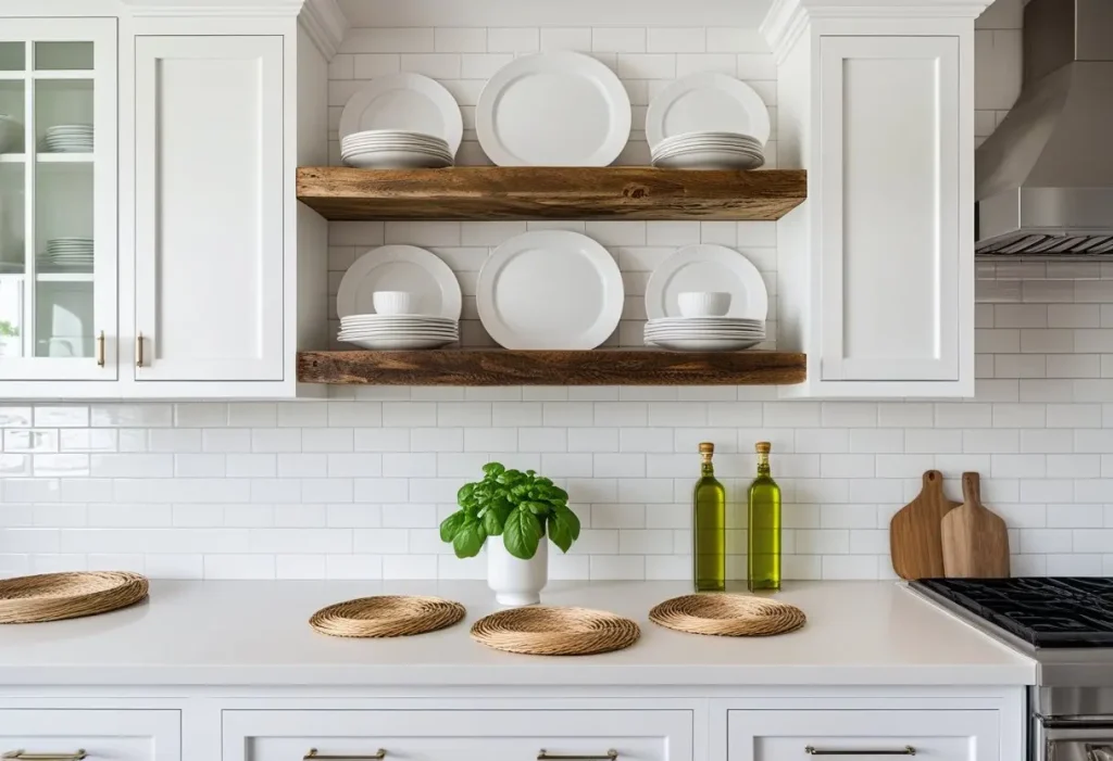 Rustic wooden floating shelves in a farmhouse kitchen interior.