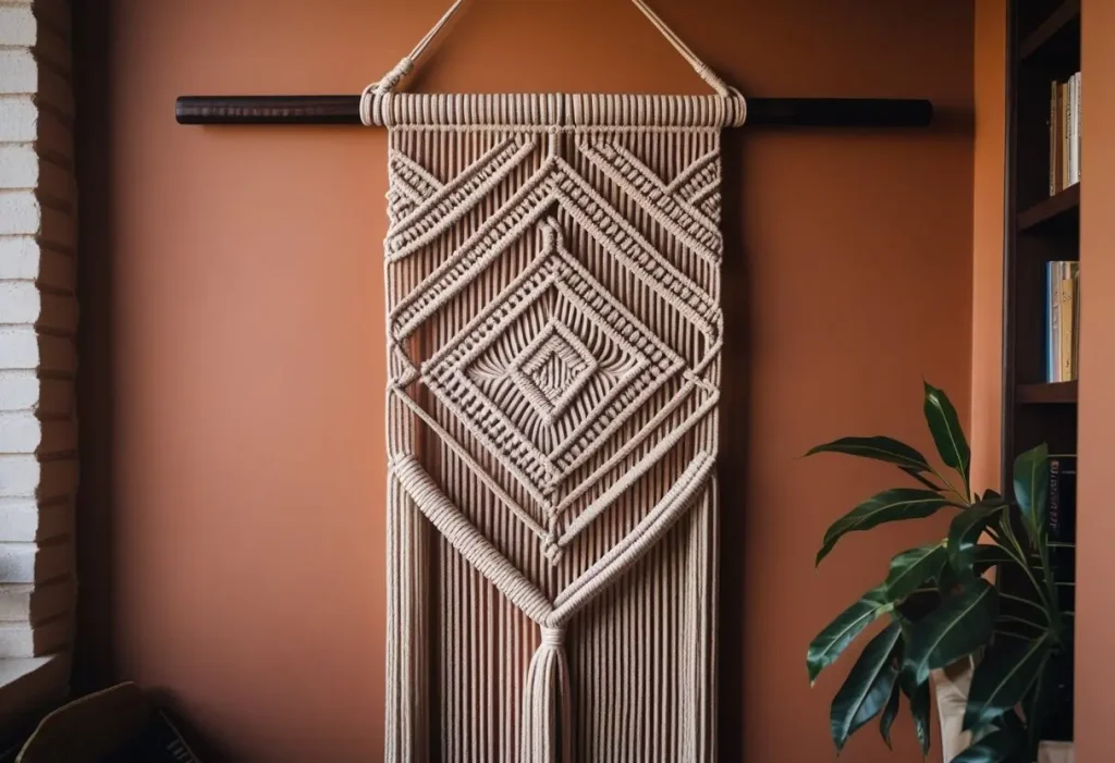  DIY wall decor bohemian macrame wall hanging on a terracotta wall.