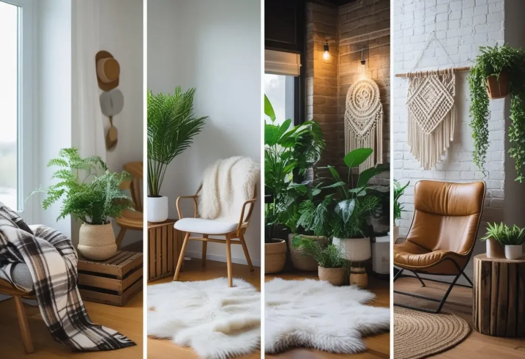  Four different cozy corner styles showcasing farmhouse, scandinavian, boho, and industrial decor.