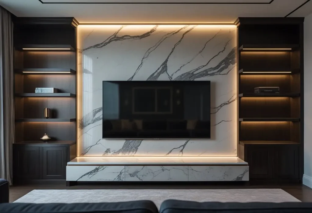 An opulent luxury living room TV wall design with marble and dark wood.