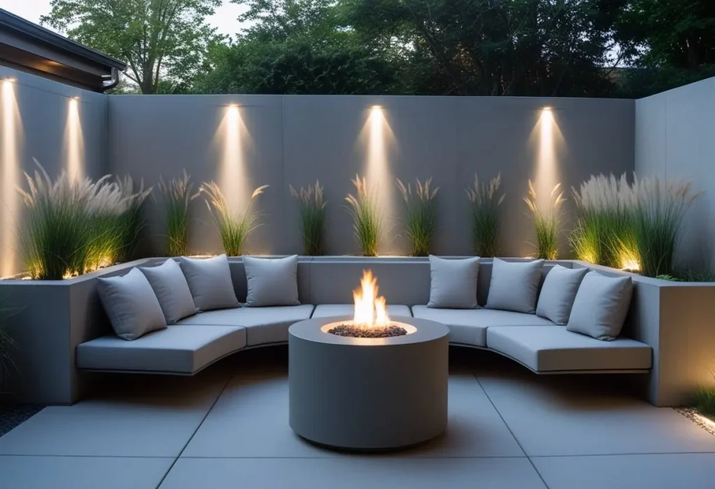 Modern small outdoor spaces patio with fire feature.