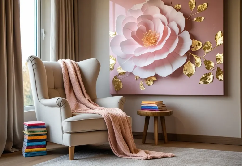 A cozy reading nook with a large pink floral wall art background and a comfortable armchair.