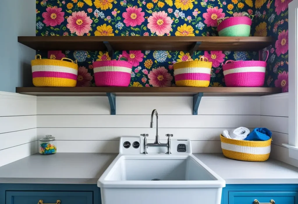 laundry room decor ideas with bold wallpaper and woven baskets