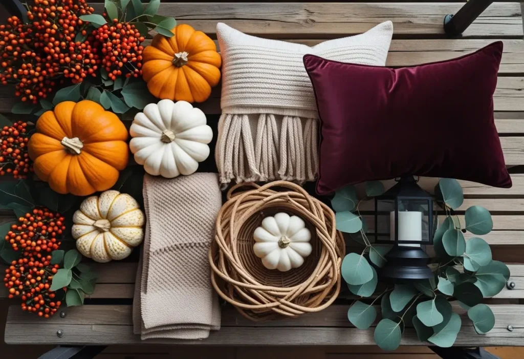 fall outdoor decor color palettes featuring pumpkins, textiles, and accessories.