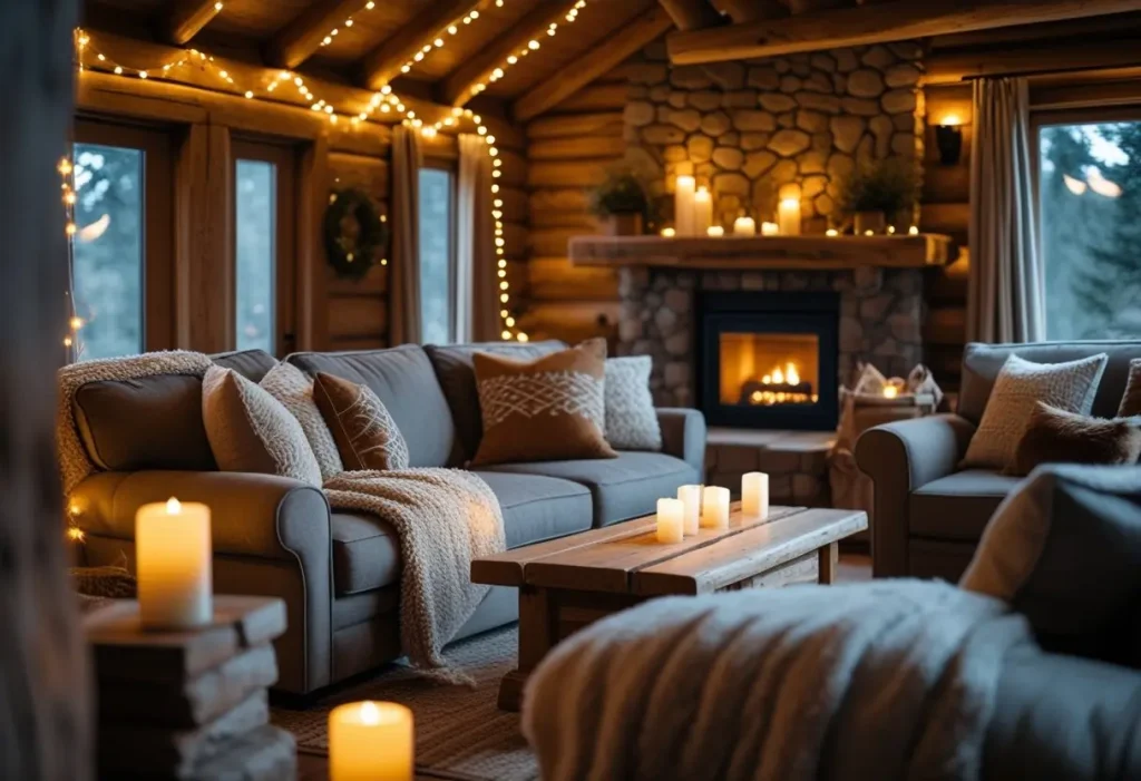 cozy cabin interior with throw blankets, pillows, and fairy lights