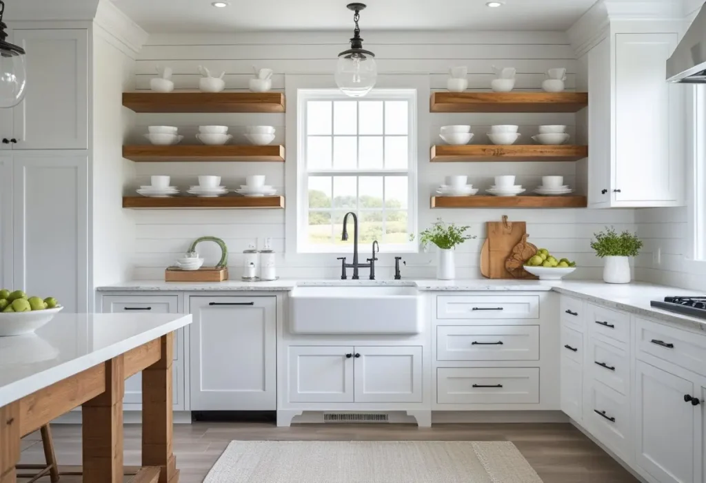  Modern farmhouse kitchen decor with apron sink and open shelves.