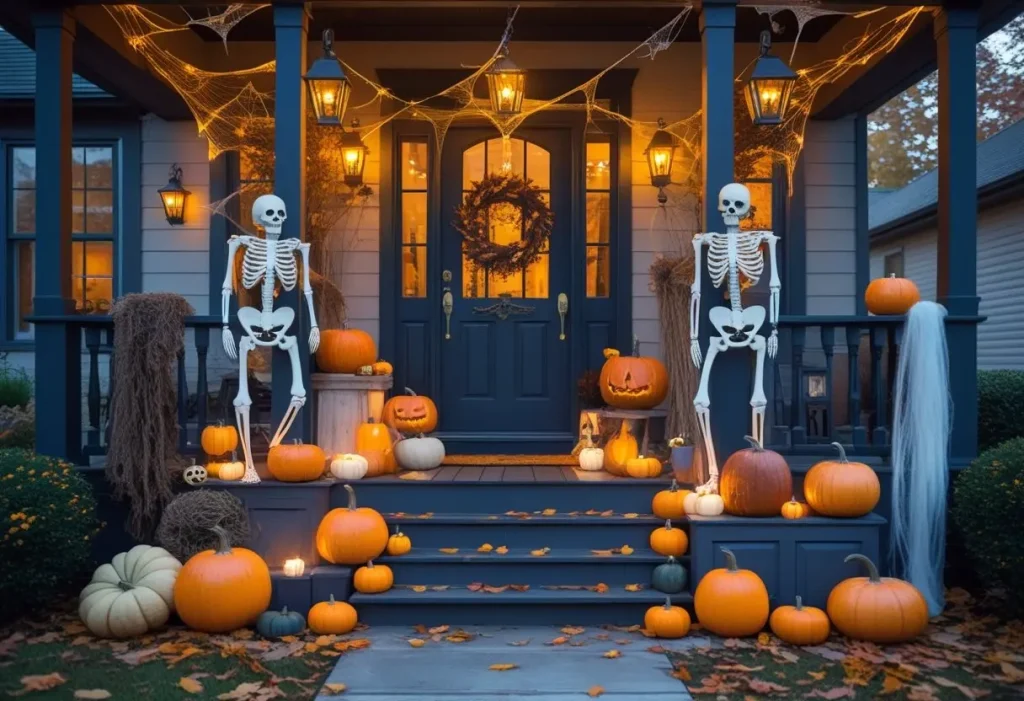 outdoor spooky season home decor ideas with pumpkins and skeletons