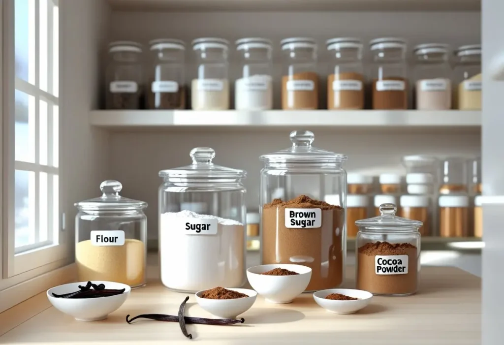 organized pantry with jars of home baking essentials like flour and sugar