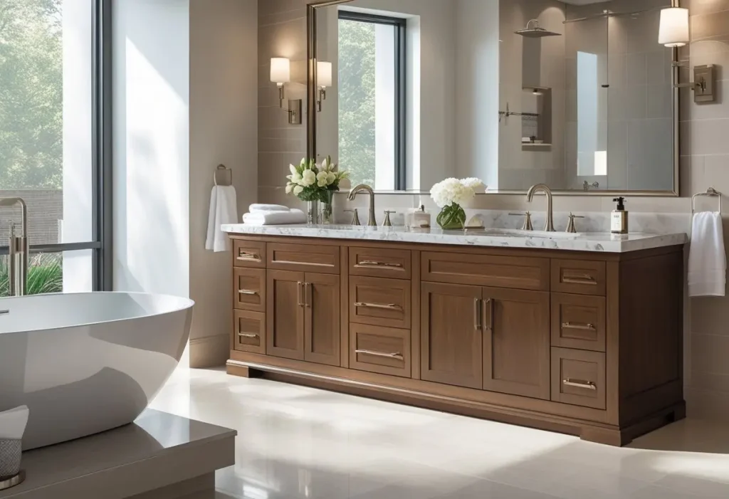Luxury bathroom vanity with marble countertop and gold fixtures