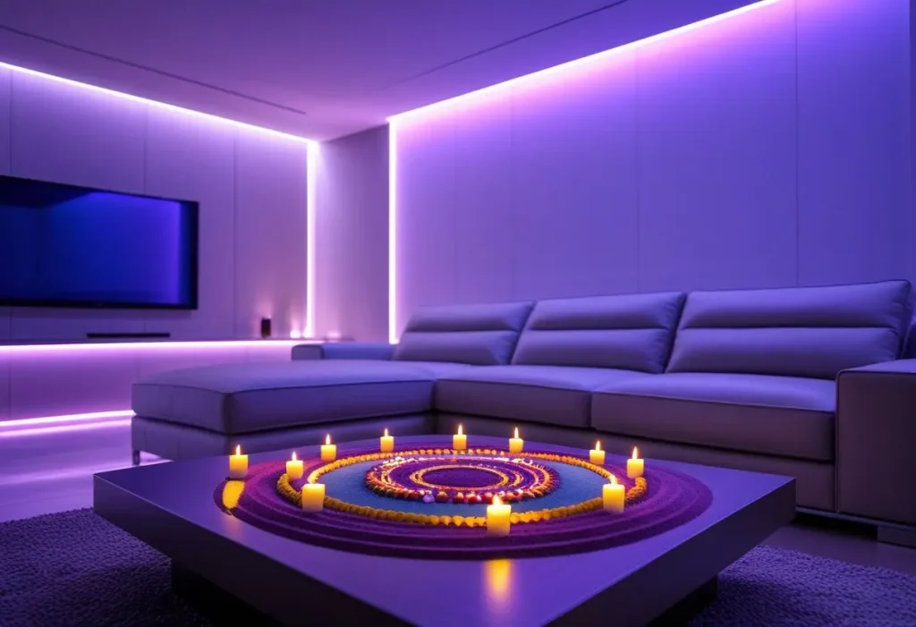  modern navratri decoration with led lights and minimalist rangoli