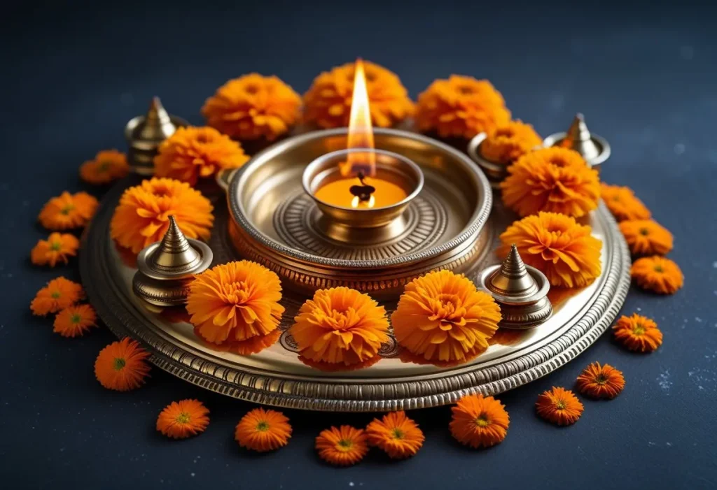 classic marigold flower Aarti thali decoration ideas for Diwal
