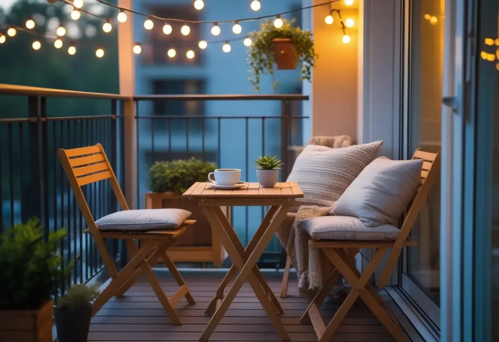 Balcony decor with small wooden furniture and lights.