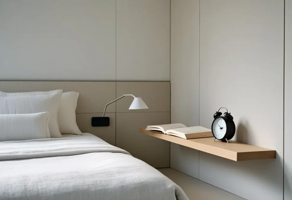 Minimalist bedroom with a floating shelf used as a nightstand.