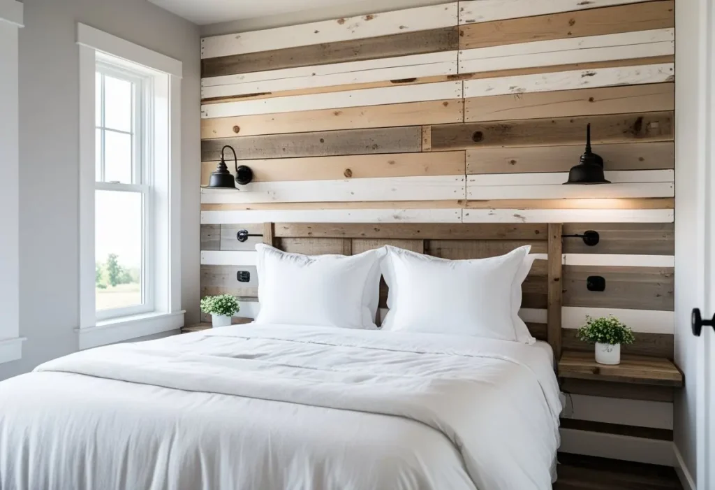 DIY wall decor whitewashed wood pallet accent wall behind a bed.